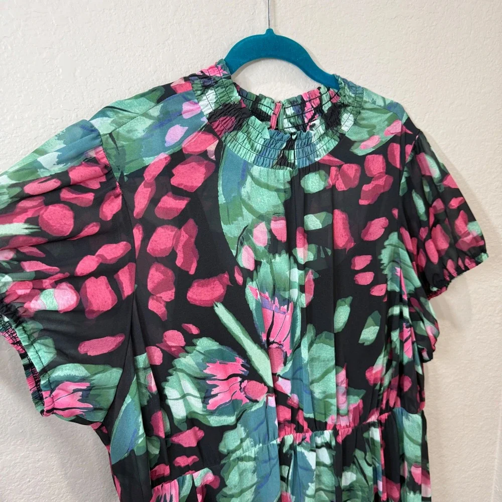 Torrid Womens Plus‎ Size 3 Tropical Floral Chiffon Smocked Midi Dress Black Pink